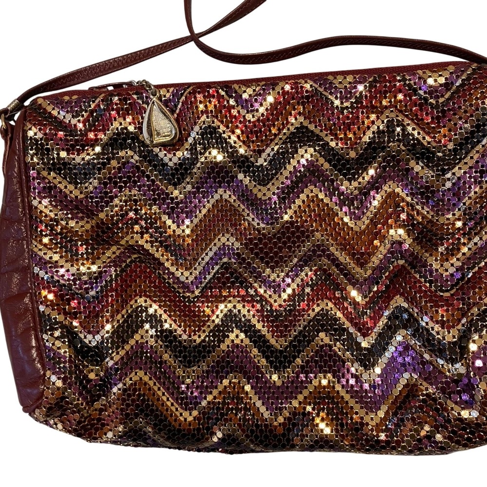 Vintage Whiting And Davis Purse Plum Metallic Leather Chevron Crossbody Bag - Picture 2 of 7
